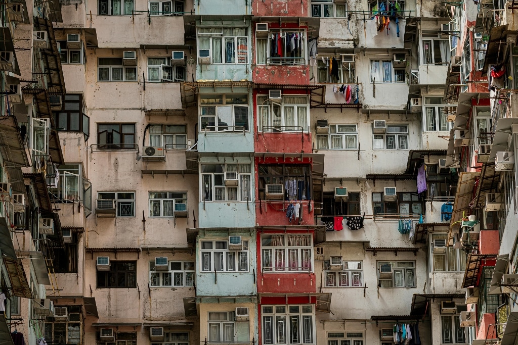 Old apartment building facade in Hong Kong.