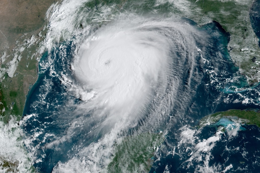 Hurricane Laura in the Gulf of Mexico as it approaches the Upper Texas and southwest Louisiana coasts August 26, 2020.