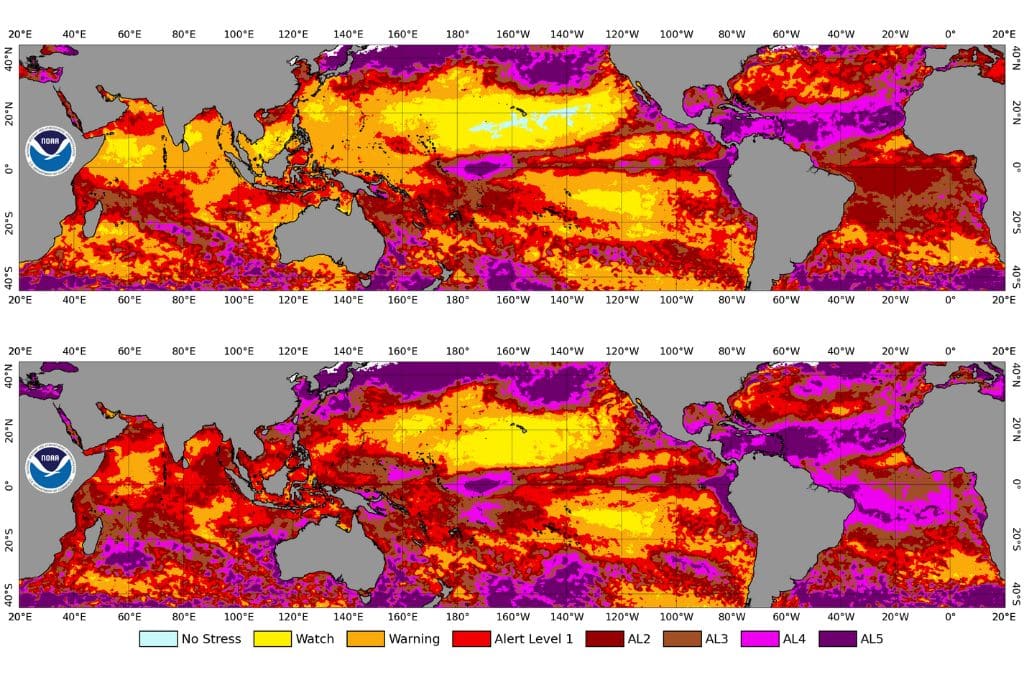 NOAA Coral Reef Watch's global 5km-resolution satellite Coral Bleaching Alert Area Maximum map, for January 1, 2023 to April 20, 2025. This figure shows the regions, around the globe, that experienced high levels of marine heat stress (Bleaching Alert Levels 2-5) that can cause reef-wide coral bleaching and mortality.