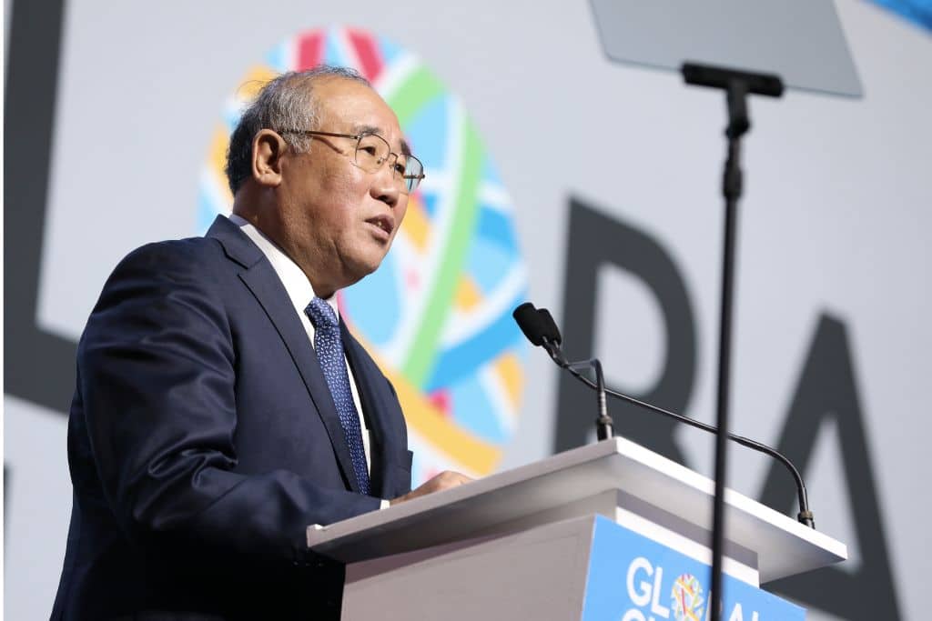 Former climate envoy Xie Zhenhua speaks at the 2018 Global Climate Action Summit in San Francisco, California.
