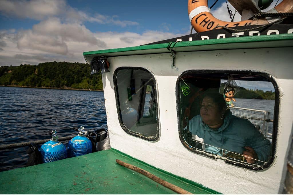 Carmen Díaz Vargas captains her artisanal fishing vessel, “Albatros”, in Chonchi, Chile.