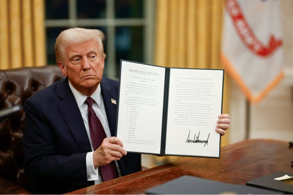 US President Donald Trump signs an executive order on January 20, 2025.