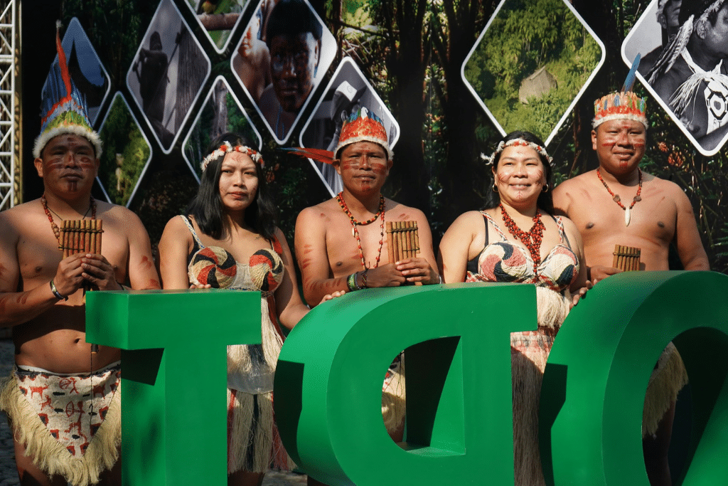 Colombian indigenous people participate in the inauguration and opening ceremony of the Maloka amazonica at the 16th United Nations Biodiversity Summit (COP16) in Cali, Colombia, October 21, 2024.